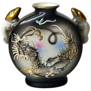 Vintage 60's Asain Moriage Ceramic Dragonware Flask Vase Raised Design Lizard